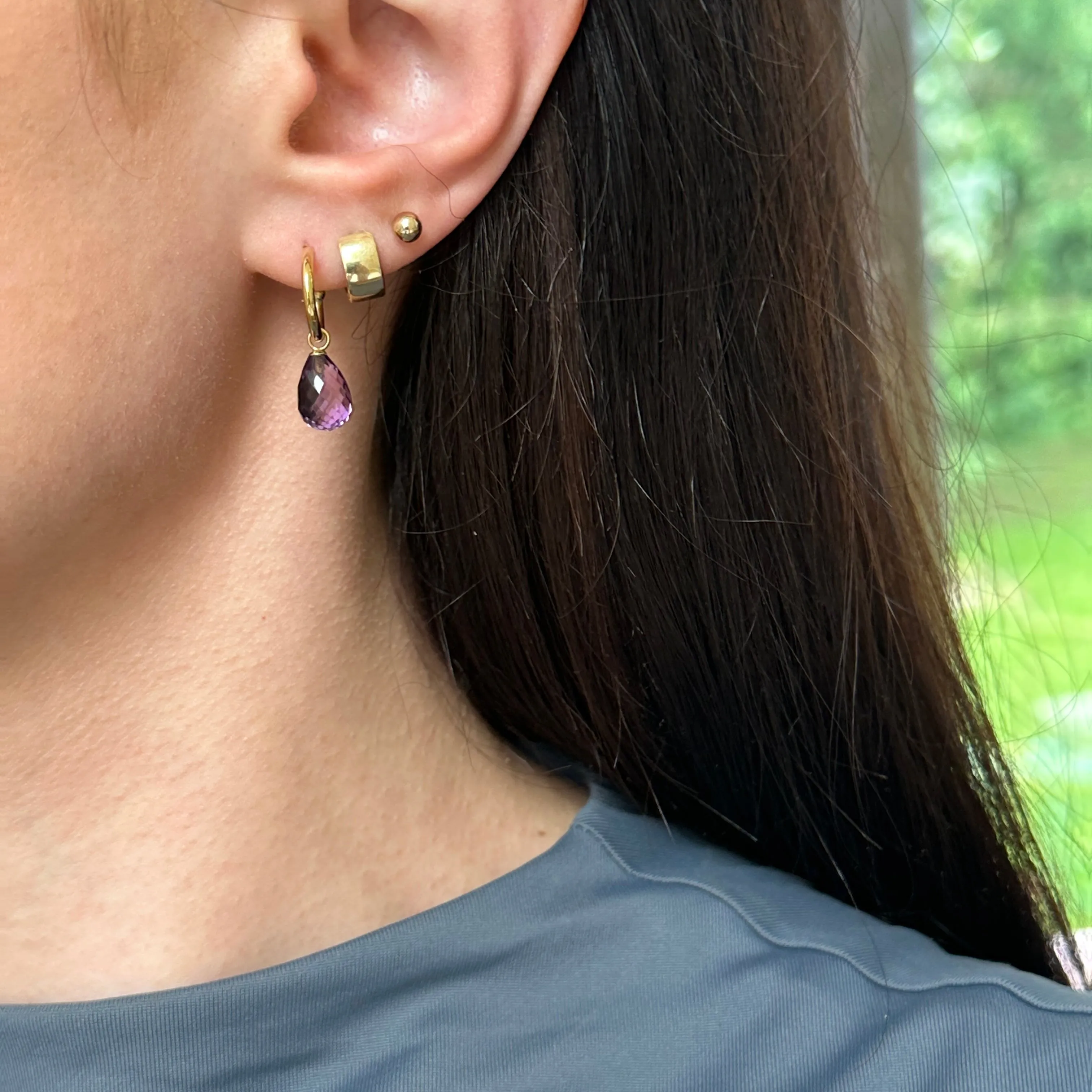 14KT Yellow Gold Teardrop Amethyst Charm Hoop Earrings
