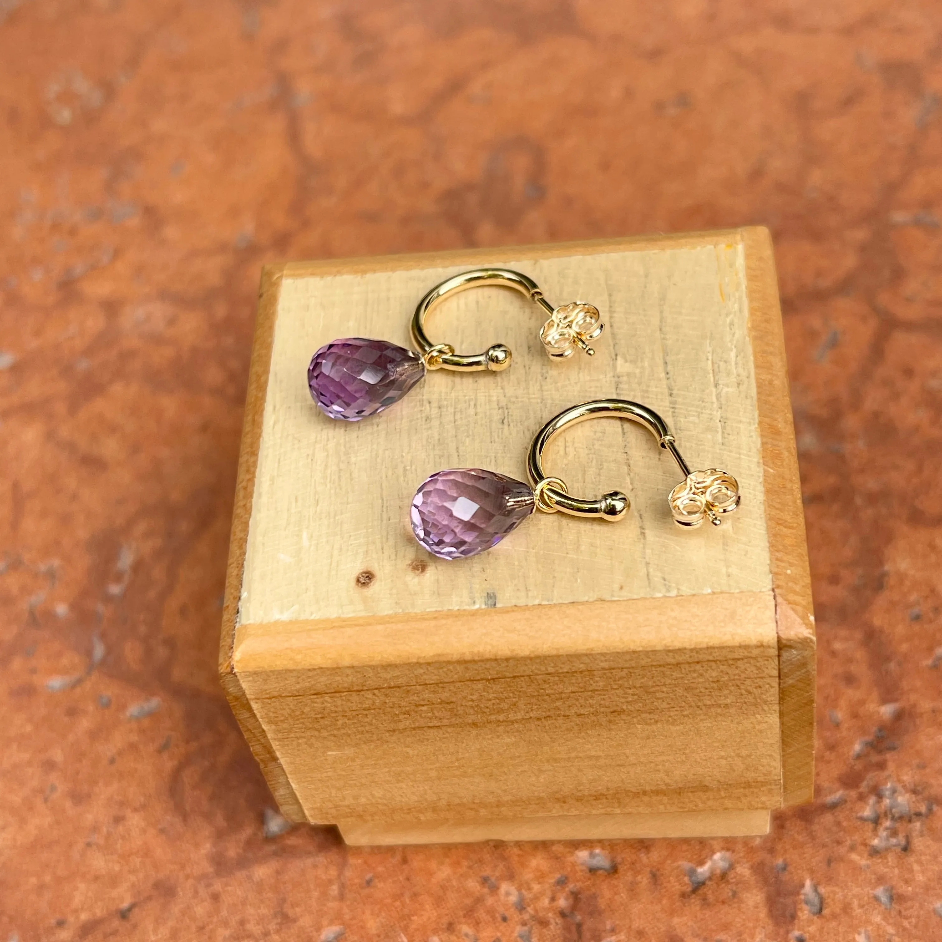 14KT Yellow Gold Teardrop Amethyst Charm Hoop Earrings