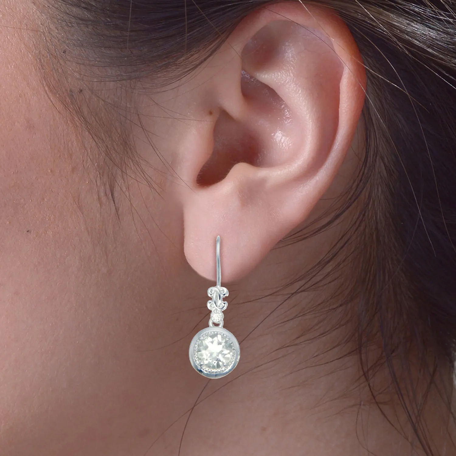 1.50 cttw Green Amethyst Dangle Earrings .925 Sterling Silver Rhodium 7 MM Round