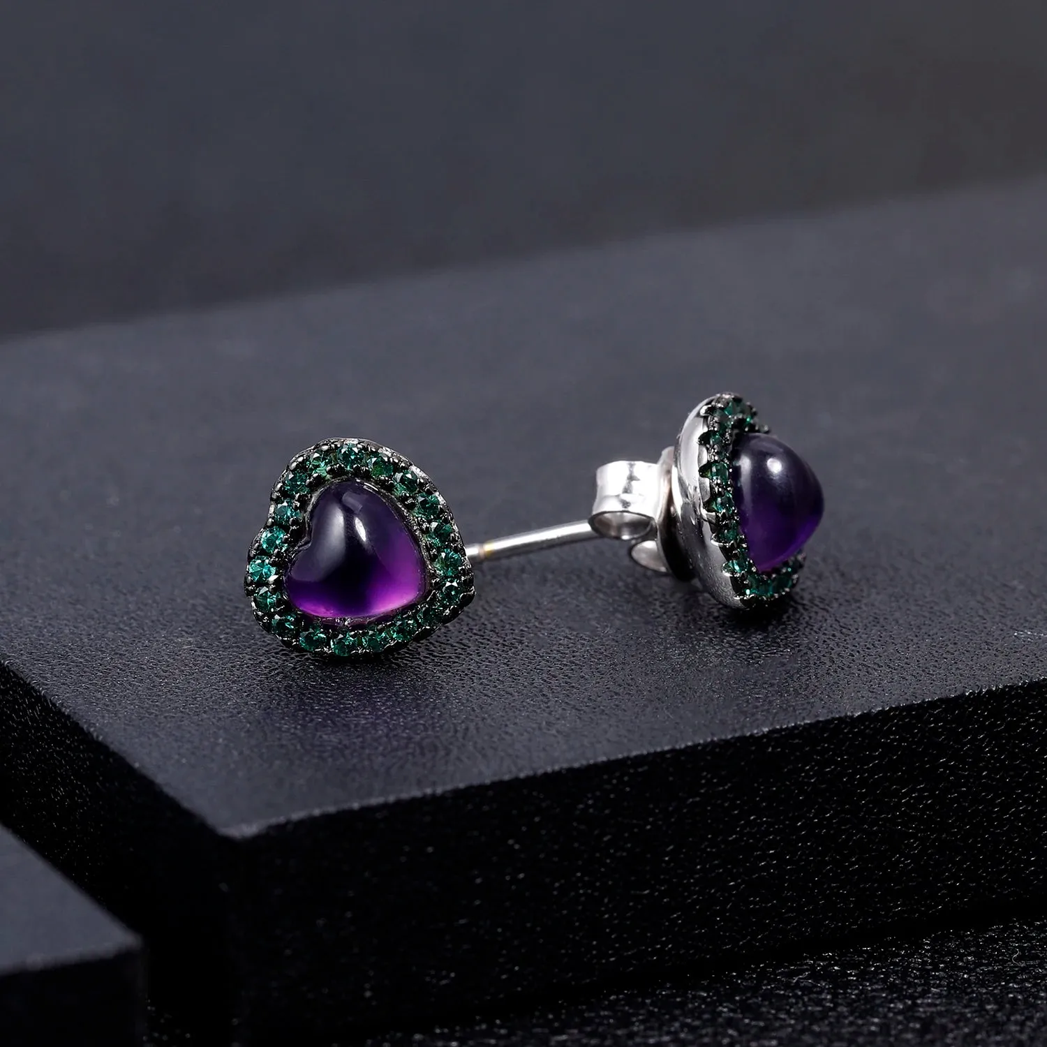 1.56Ct Natural Amethyst Heart Stud Earrings – 925 Sterling Silver