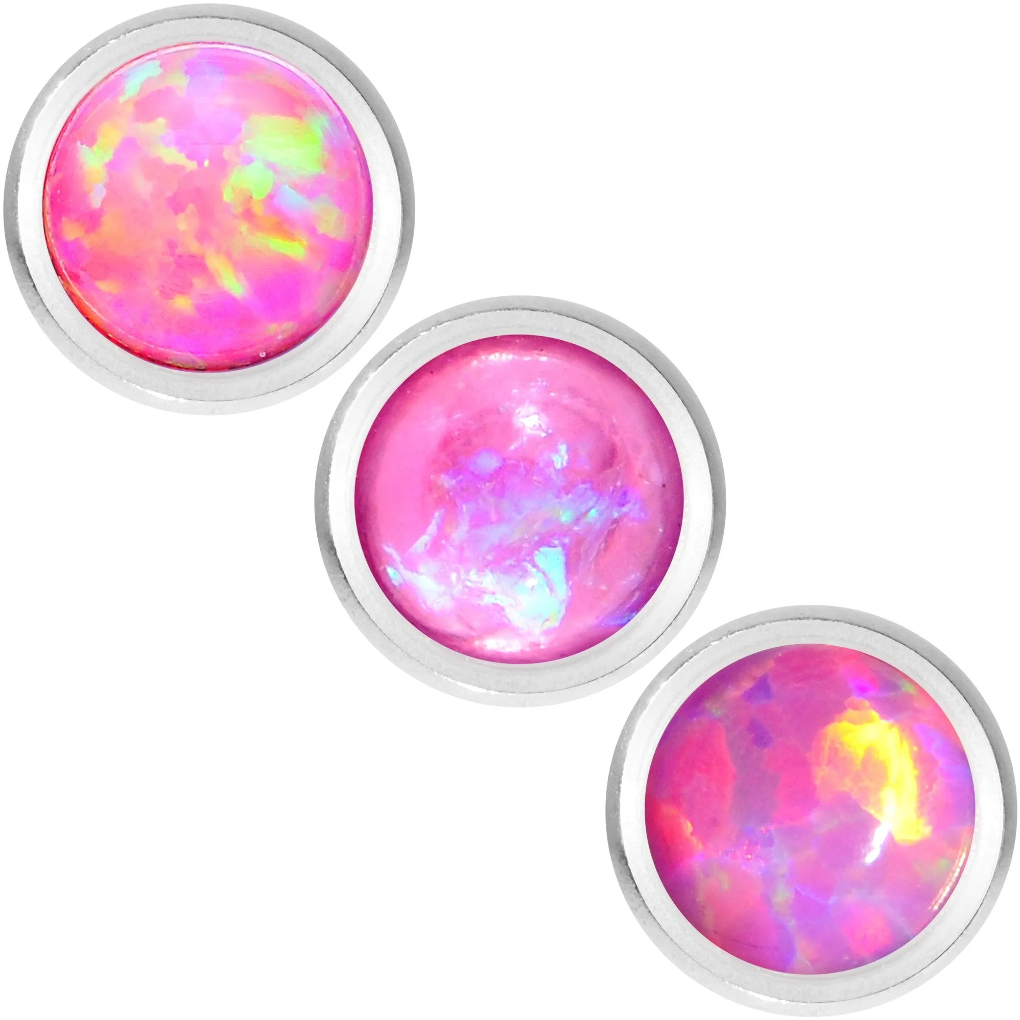 16 Gauge 1/4 Pink Faux Opal Tragus Cartilage Earring 3 Pack Set