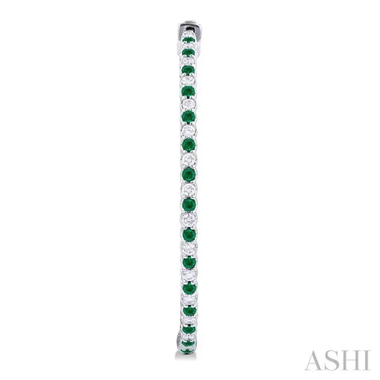 1.6 MM Round Emerald and 1 ctw Round Cut Diamond Precious Inside-Out Alternating Hoop Earrings in 14K White Gold