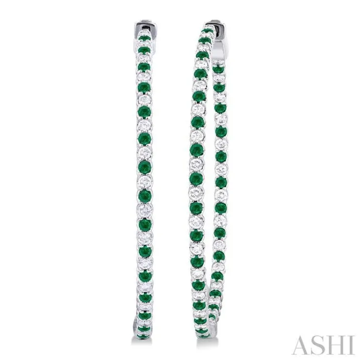 1.6 MM Round Emerald and 1 ctw Round Cut Diamond Precious Inside-Out Alternating Hoop Earrings in 14K White Gold