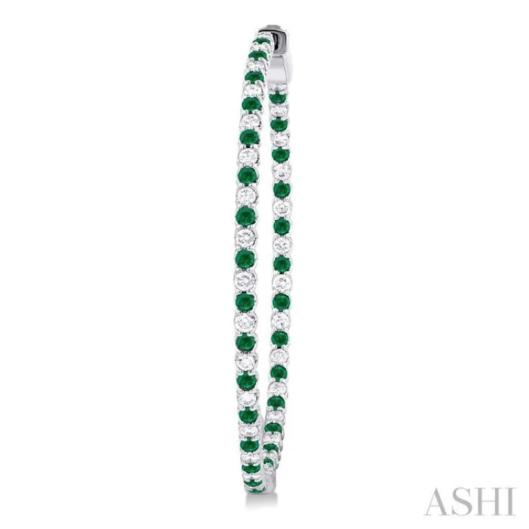 1.6 MM Round Emerald and 1 ctw Round Cut Diamond Precious Inside-Out Alternating Hoop Earrings in 14K White Gold