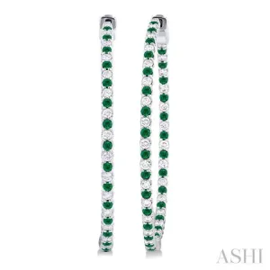 1.6 MM Round Emerald and 1 ctw Round Cut Diamond Precious Inside-Out Alternating Hoop Earrings in 14K White Gold