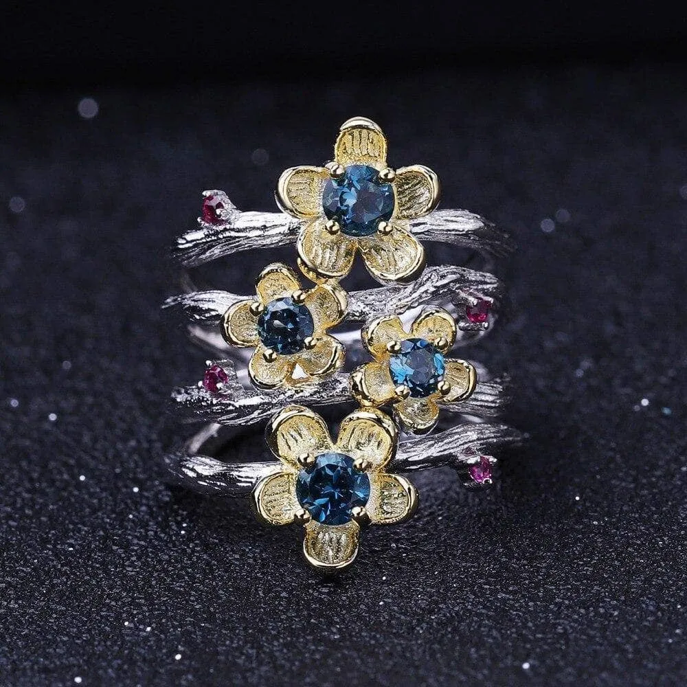 1.62Ct Natural London Blue Topaz Handmade Flower Jewelry Set