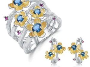 1.62Ct Natural London Blue Topaz Handmade Flower Jewelry Set