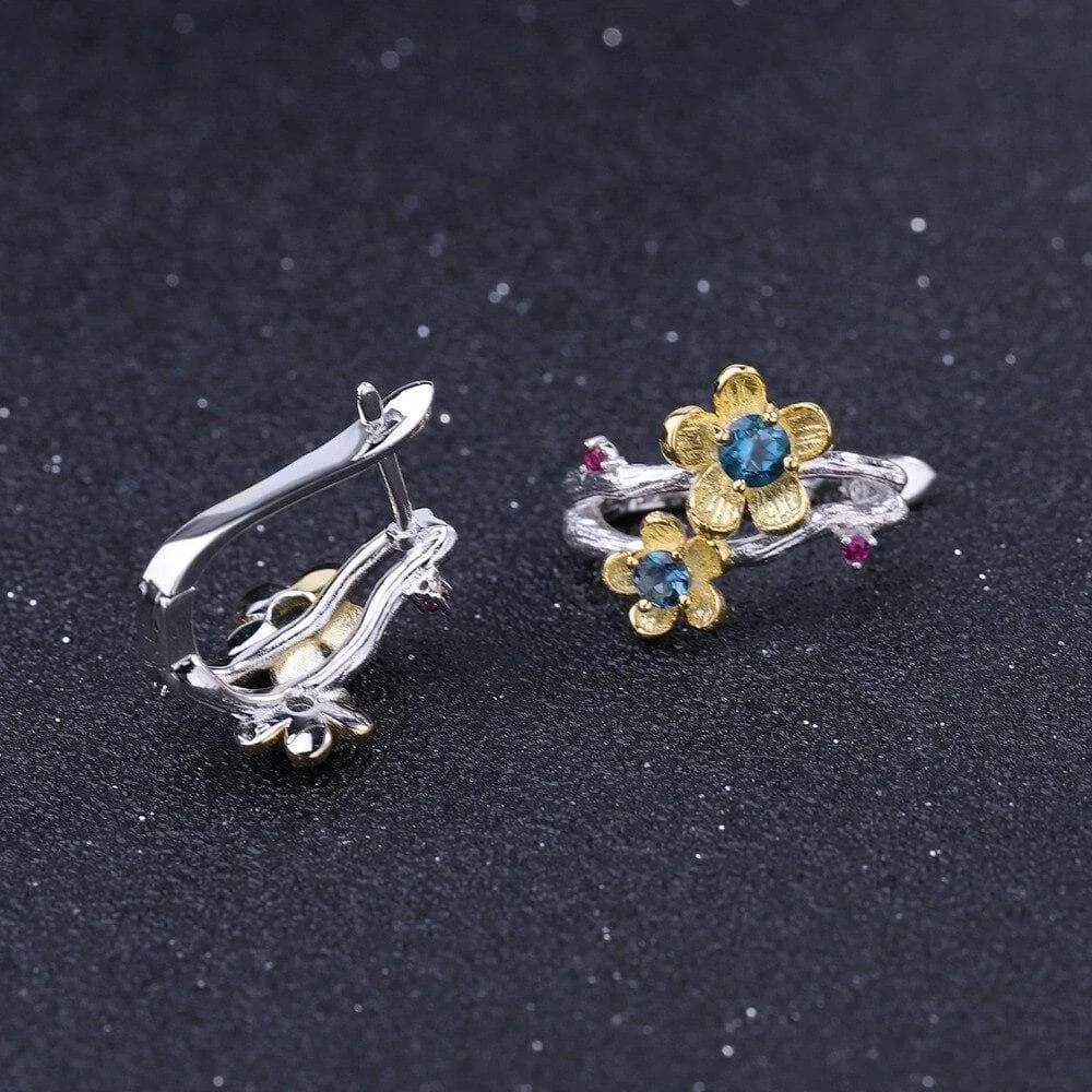 1.62Ct Natural London Blue Topaz Handmade Flower Jewelry Set
