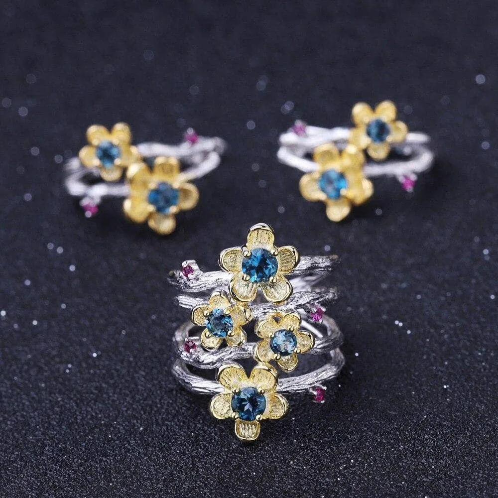 1.62Ct Natural London Blue Topaz Handmade Flower Jewelry Set