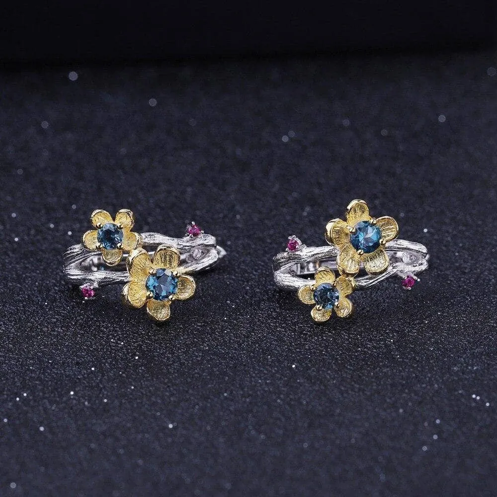 1.62Ct Natural London Blue Topaz Handmade Flower Jewelry Set