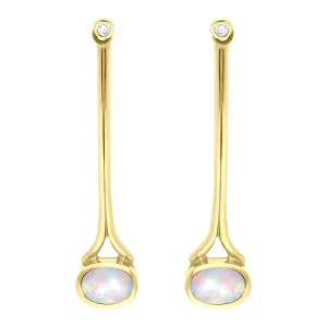 18ct Yellow Gold Opal 0.06ct Diamond Long Drop Earrings