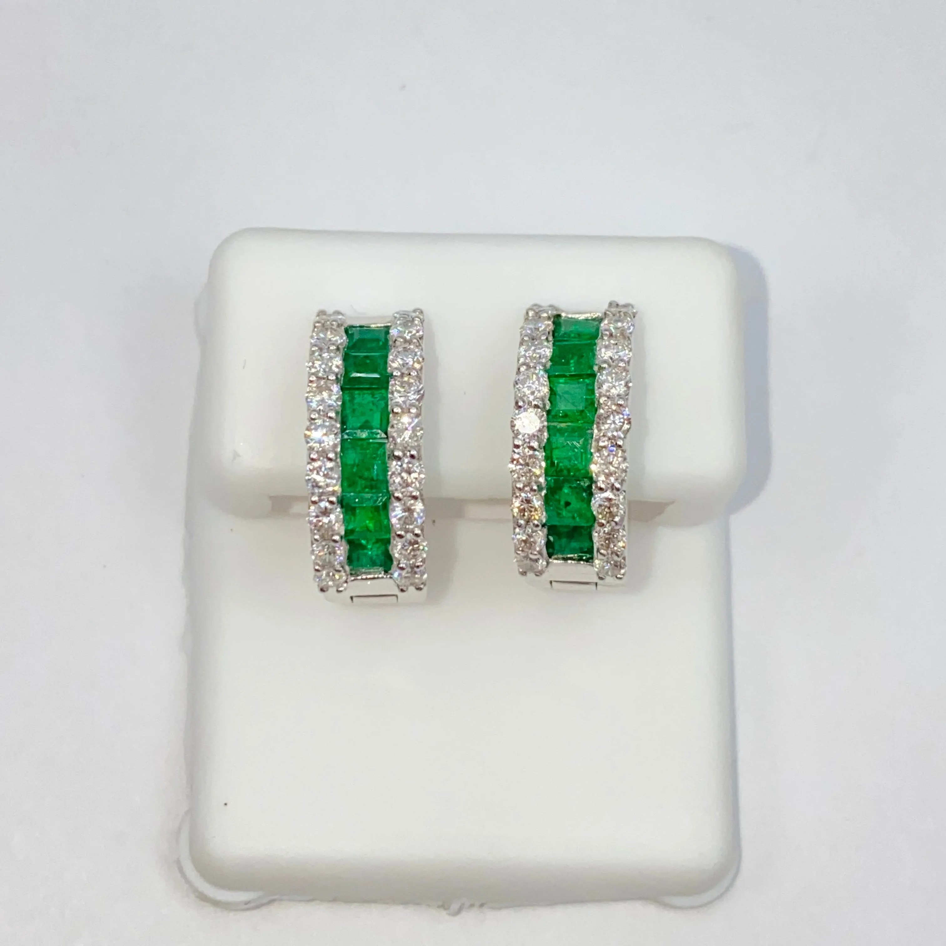 18K Emerald Hoop Diamond Earrings
