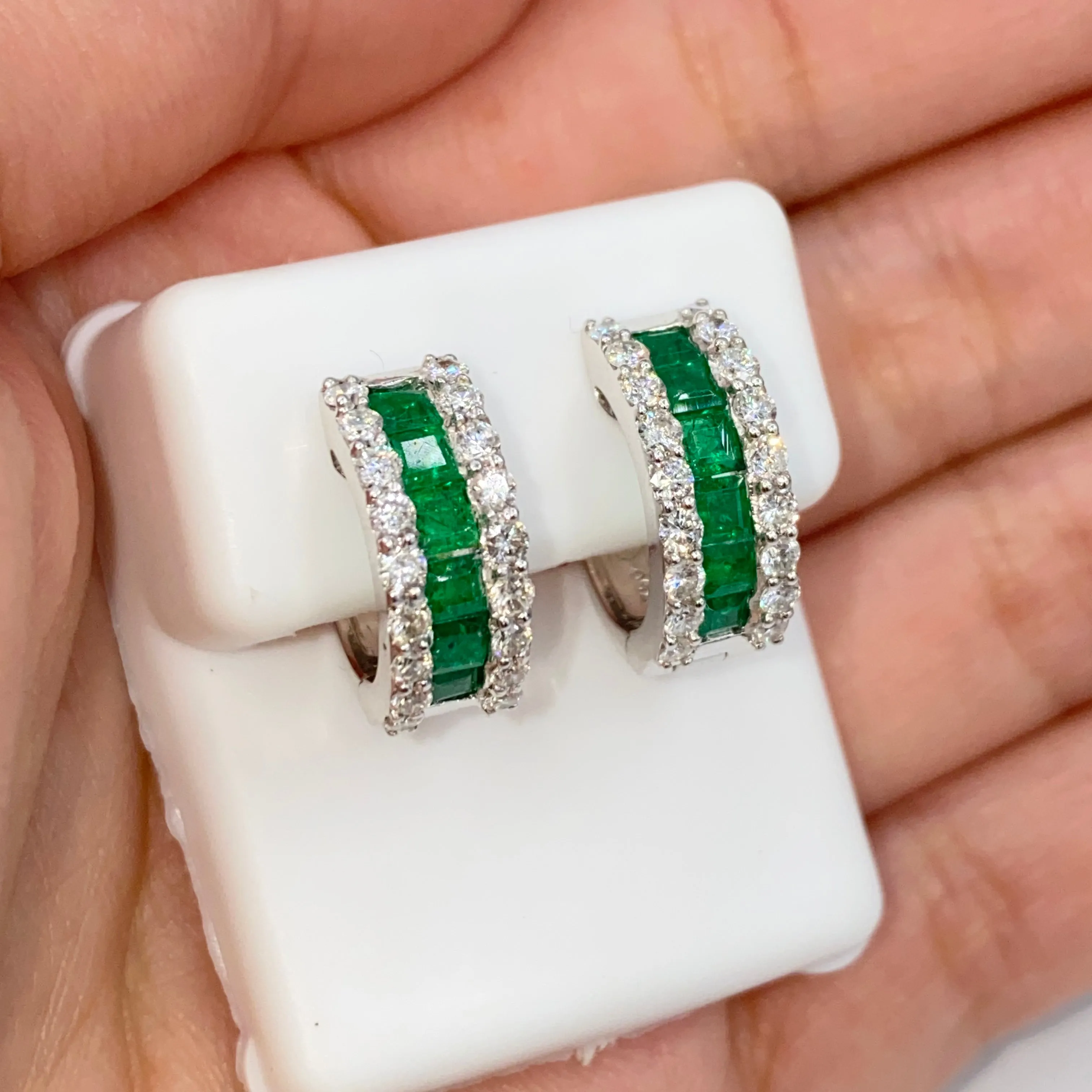 18K Emerald Hoop Diamond Earrings