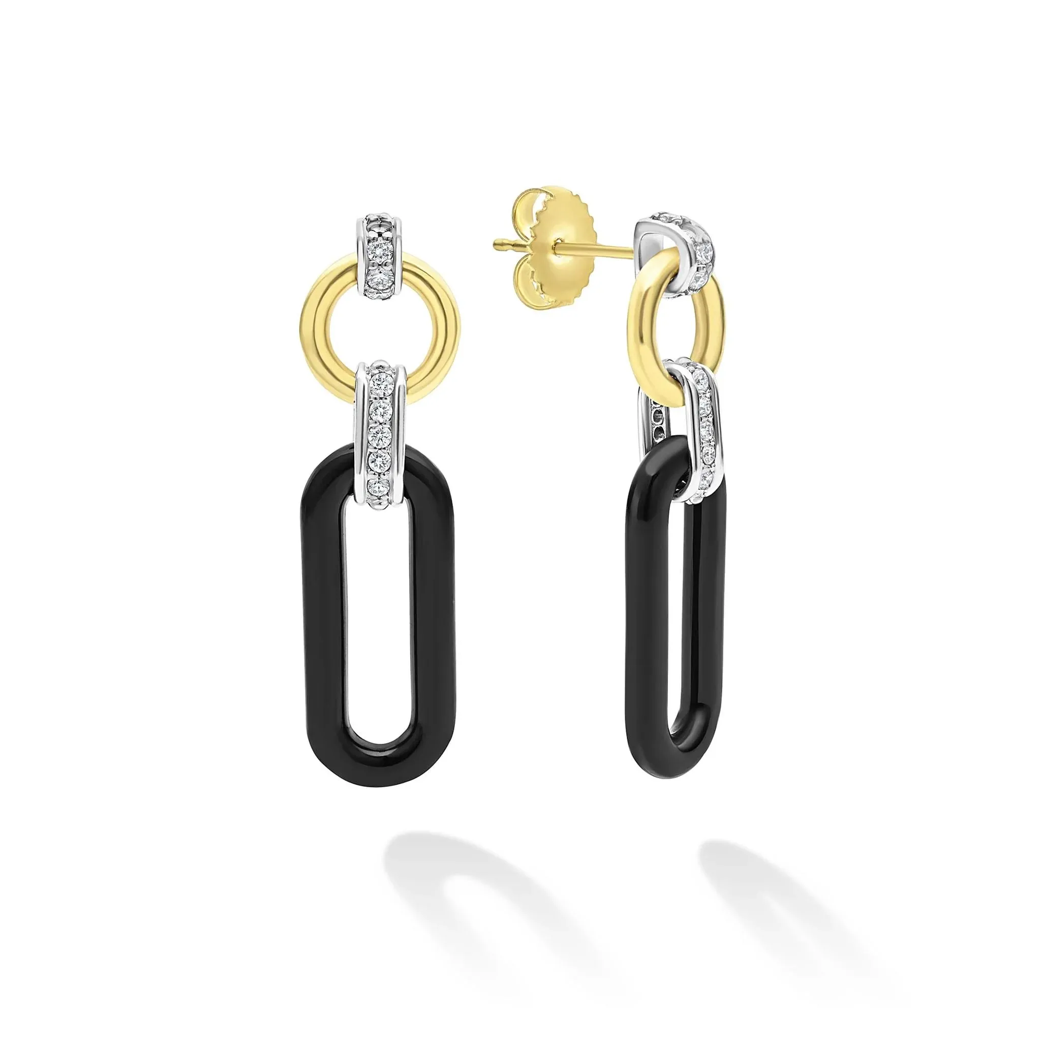18K Gold and Black Ceramic Diamond Link Drop Earrings