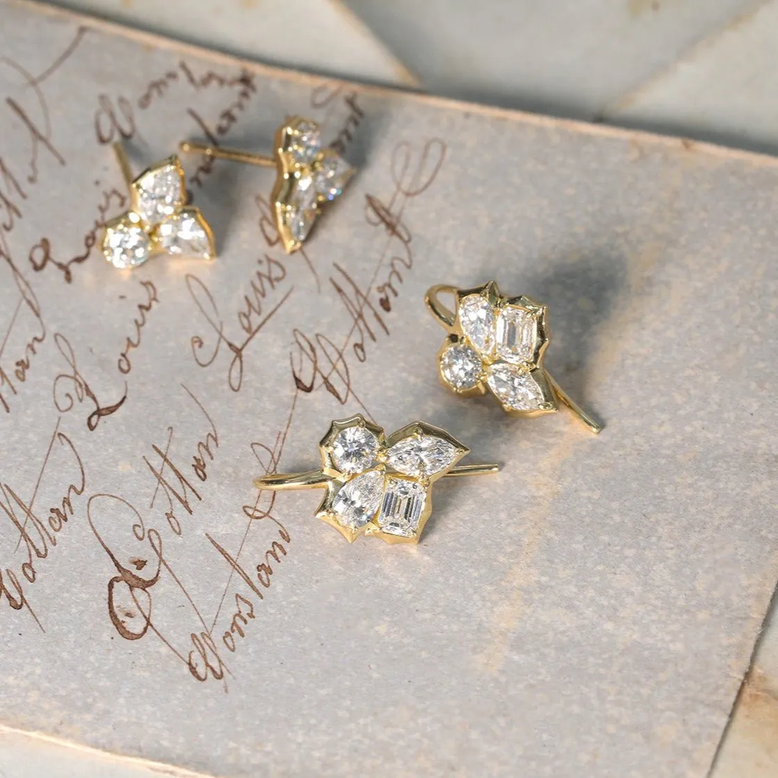 18K Gold "Poppy" Four Diamond Cluster Hook Earrings