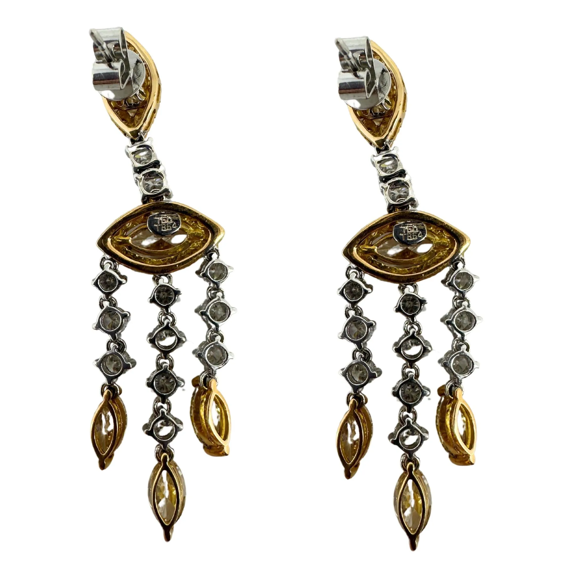 18k White and Yellow Gold Marquise Diamond Drop Earrings