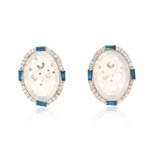 18K White Gold Carved Oval Jade Colored Baguette Diamond Stud For Christmas Gift