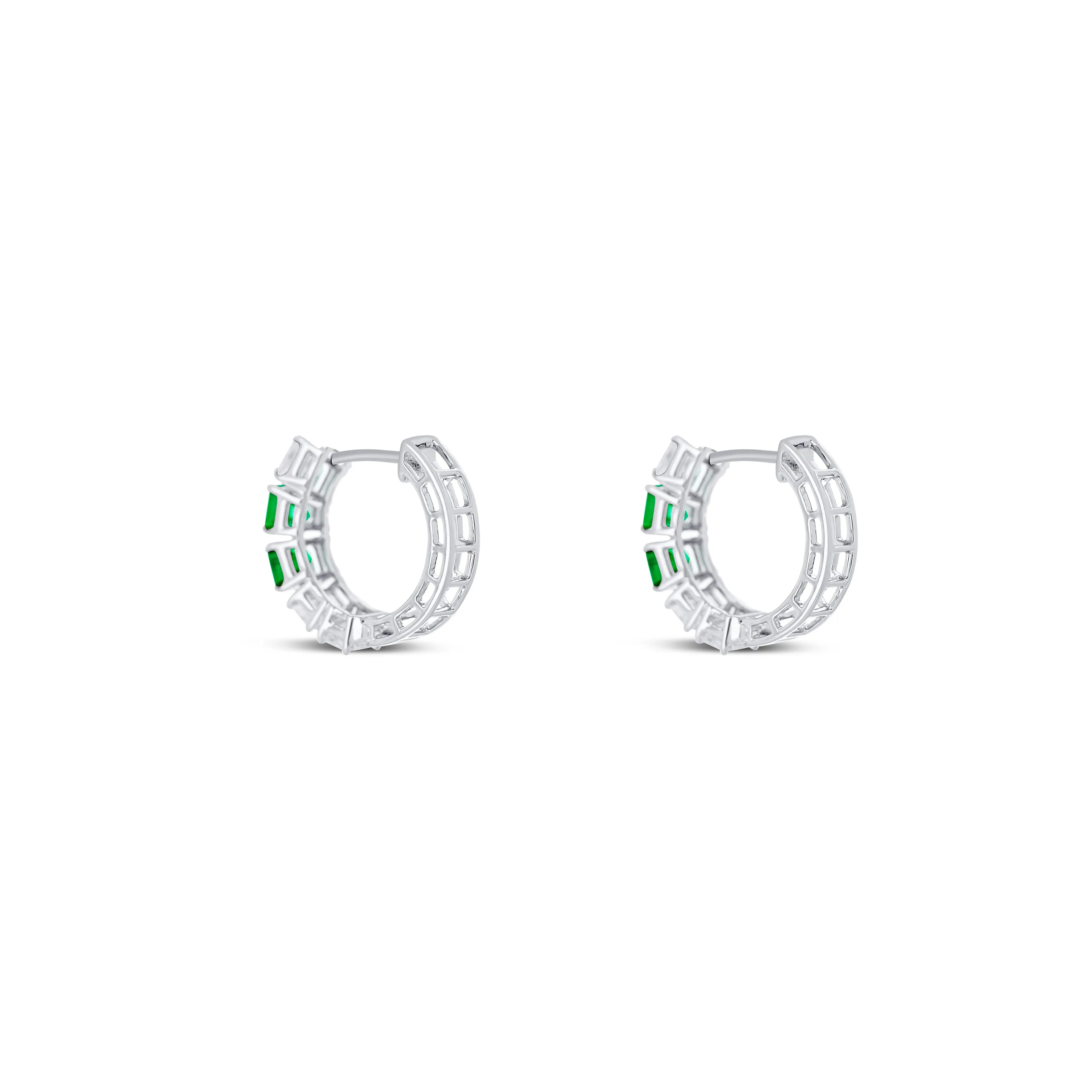 18K White Gold Emerald Cut Diamond Small Hoop Earrings