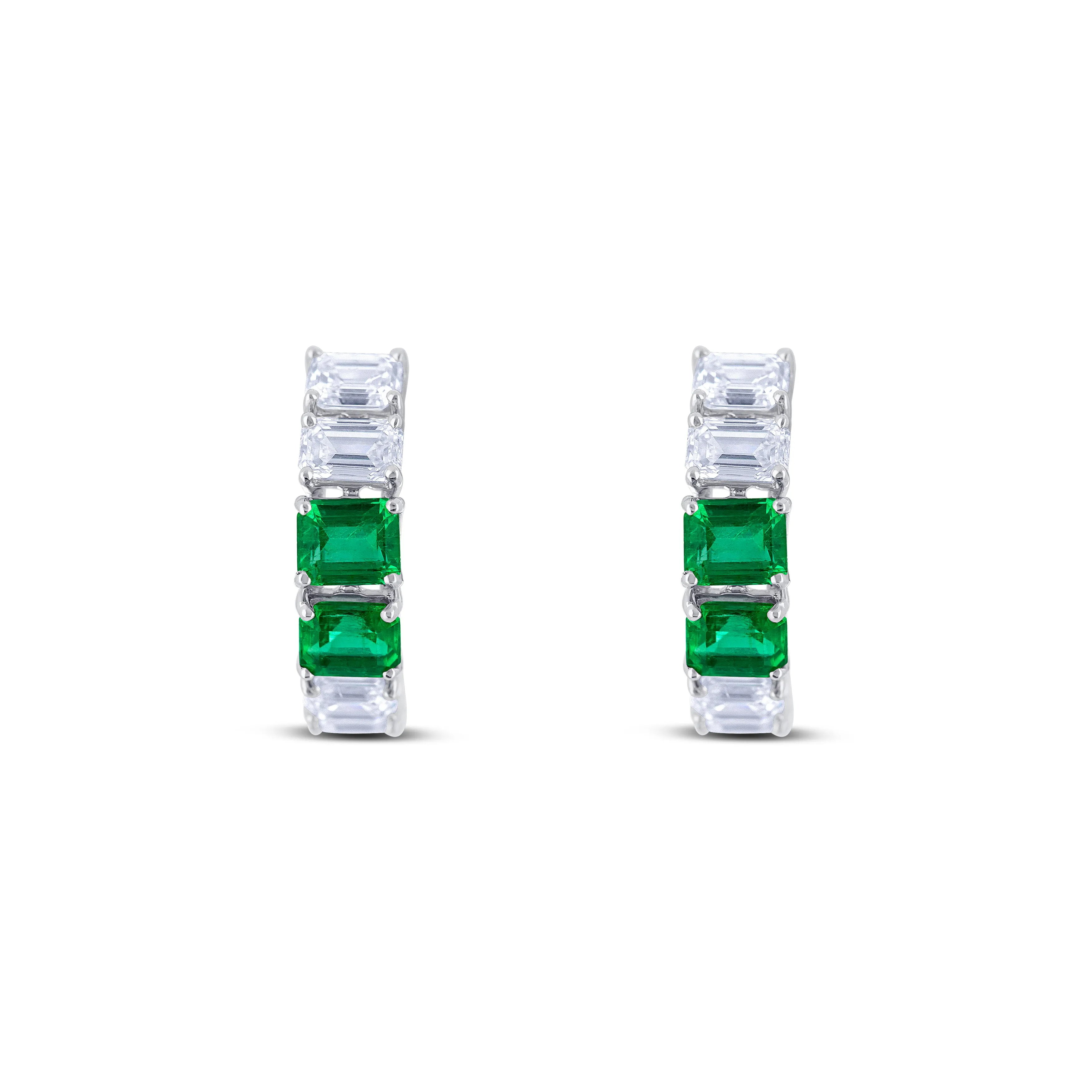 18K White Gold Emerald Cut Diamond Small Hoop Earrings