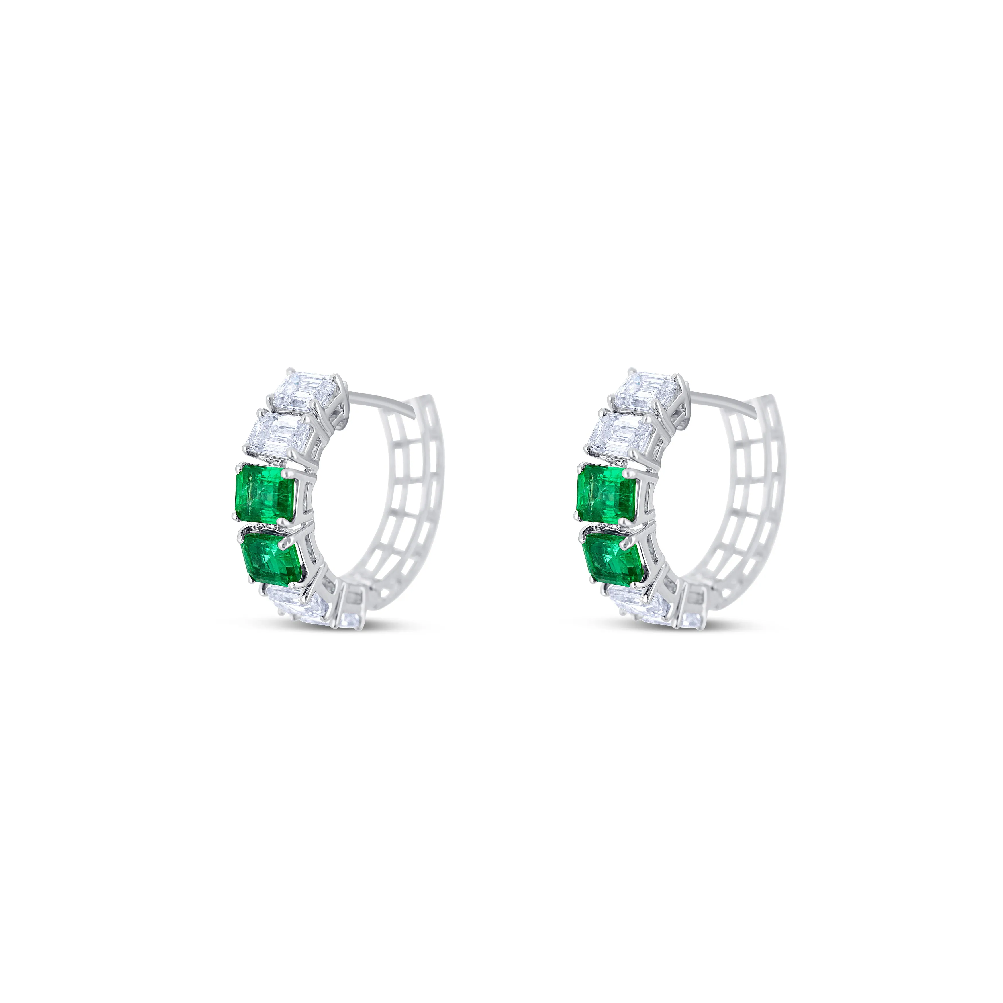 18K White Gold Emerald Cut Diamond Small Hoop Earrings