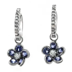 18k White Gold Floral Drop Blue Sapphire Diamond Dangling Earrings
