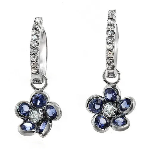 18k White Gold Floral Drop Blue Sapphire Diamond Dangling Earrings
