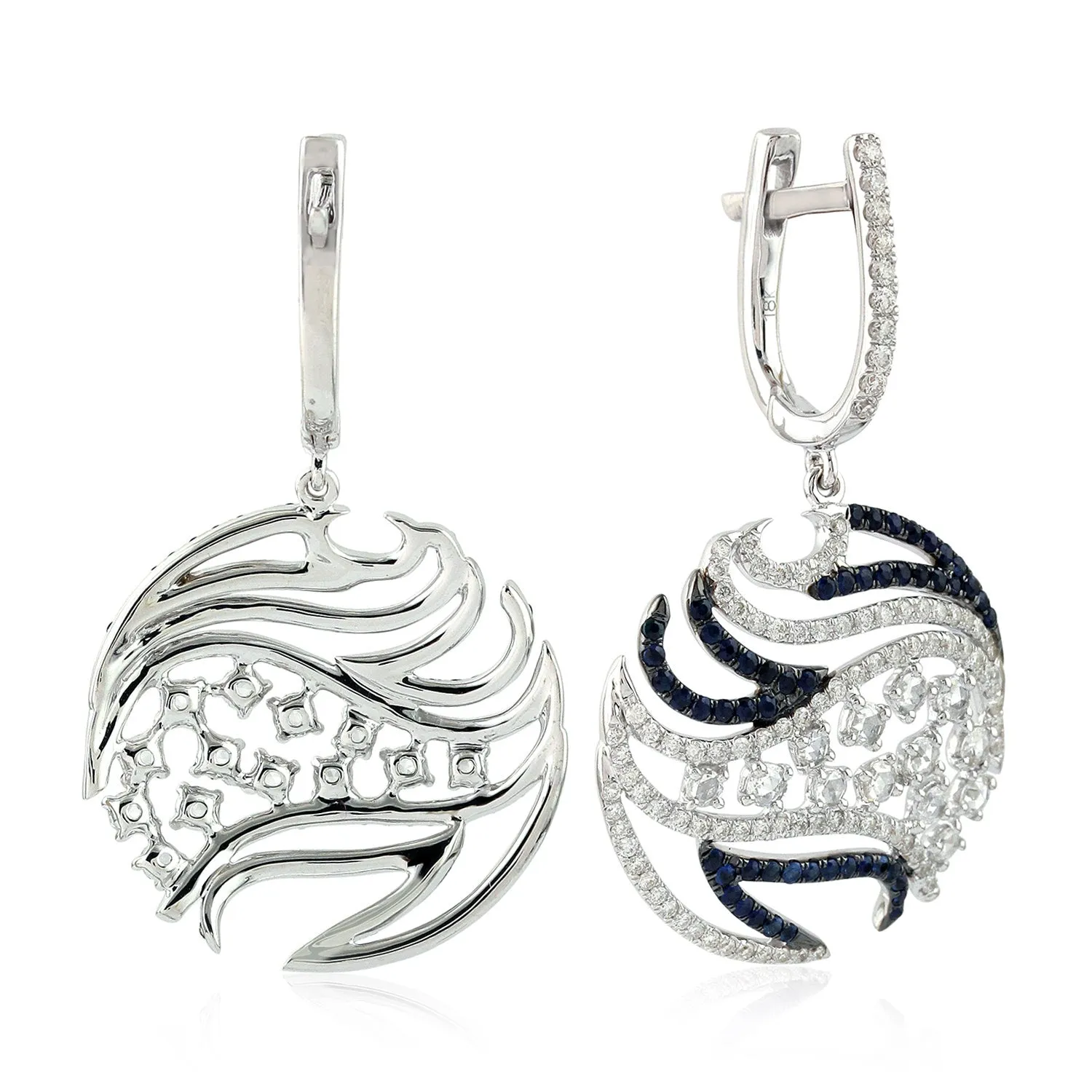 18K White Gold Prong Set Uncut Diamond Pave Blue Sapphire Cluster Earrings