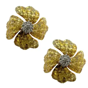 18K Yellow Gold Diamond and Yellow Sapphire Flower Earrings