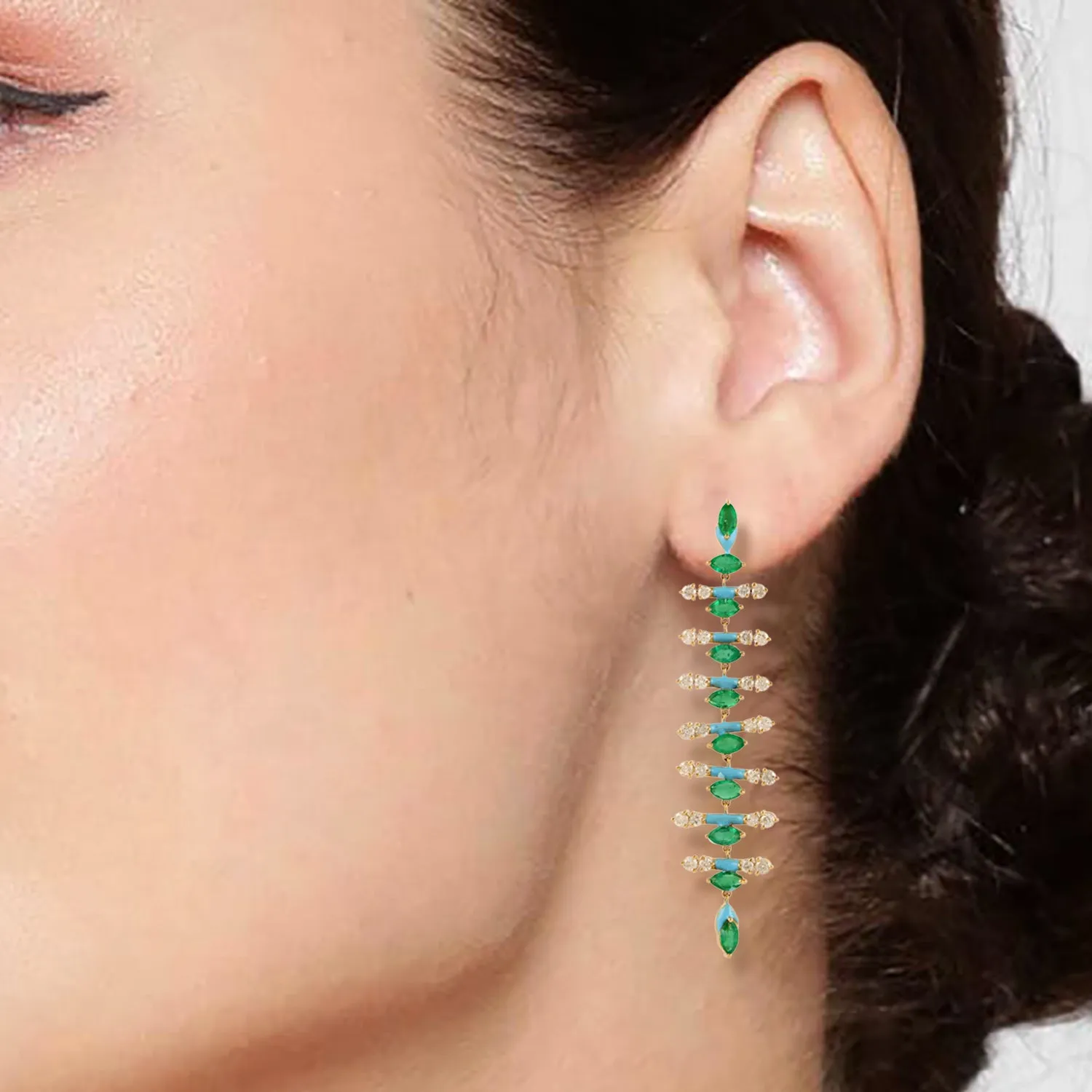 18k Yellow Gold Pave Diamond Marquise Emerald Long Drop Enamel  Dangler Earrings