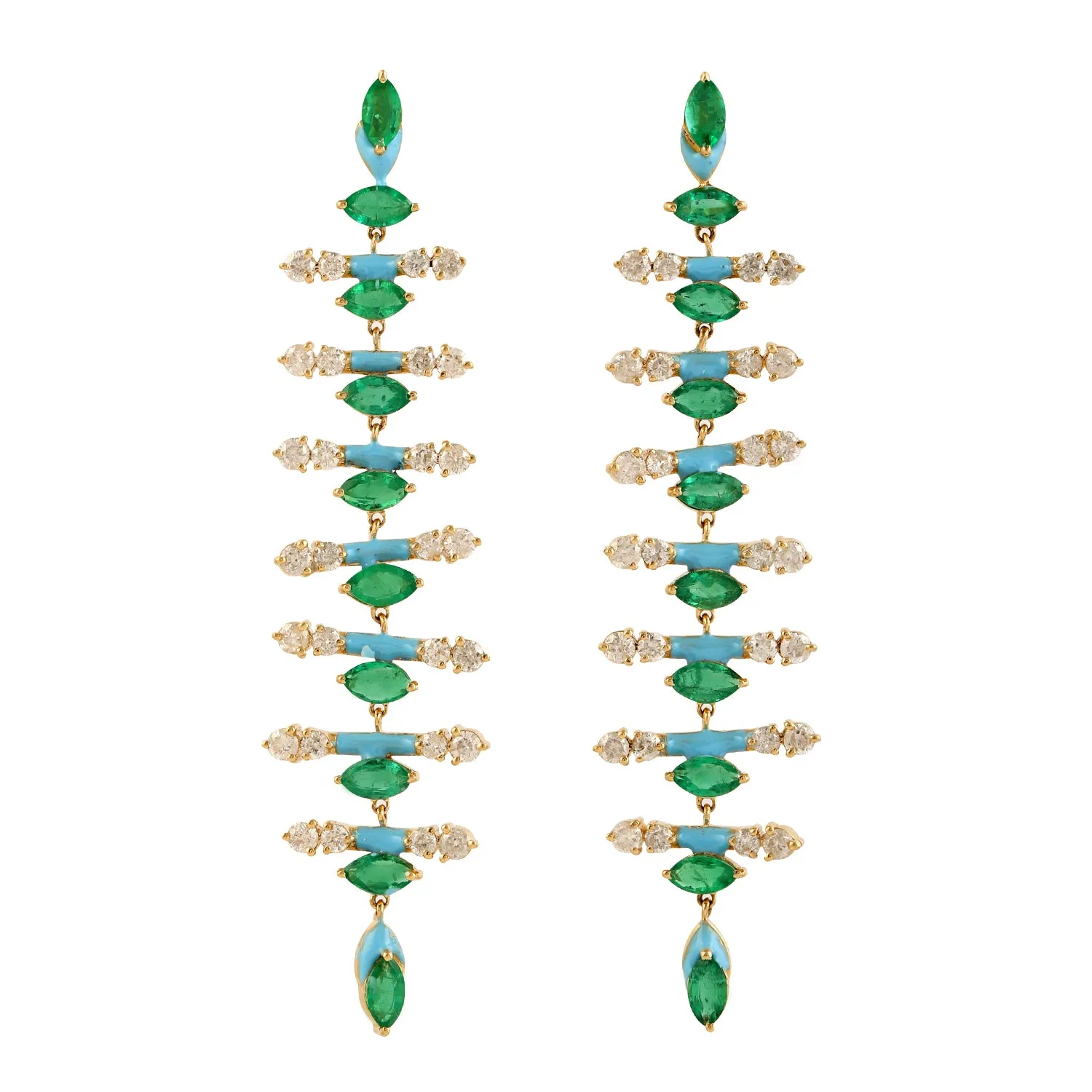 18k Yellow Gold Pave Diamond Marquise Emerald Long Drop Enamel  Dangler Earrings
