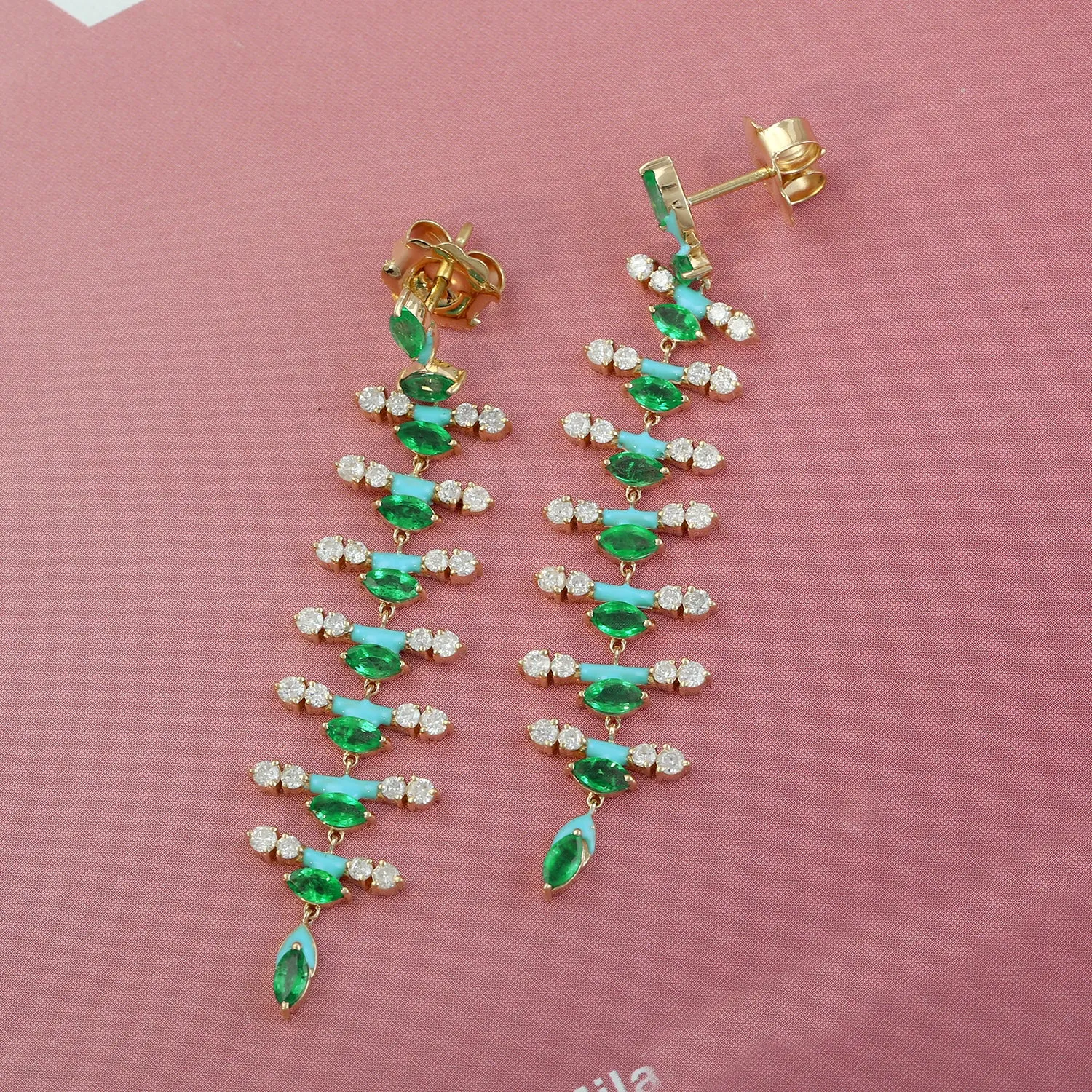 18k Yellow Gold Pave Diamond Marquise Emerald Long Drop Enamel  Dangler Earrings