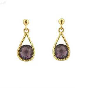 18K Yellow Gold Round Amethyst Drop Dangle Post Earrings