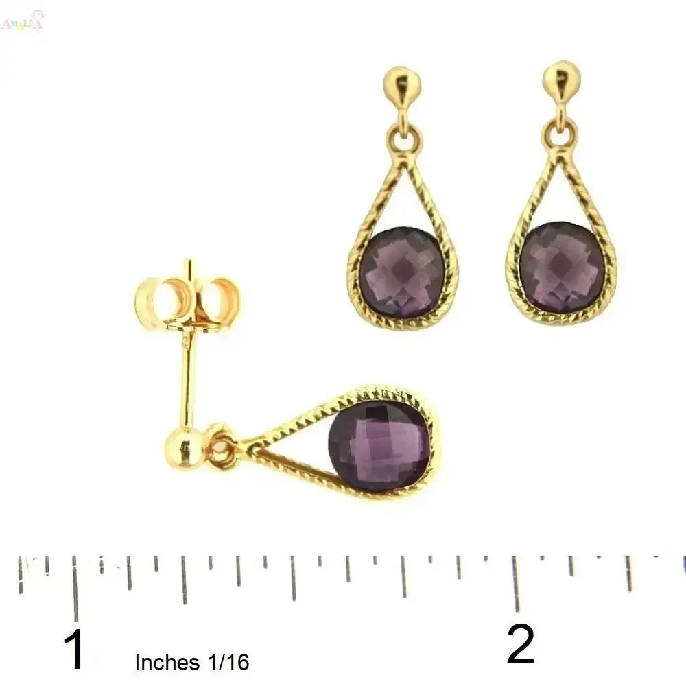 18K Yellow Gold Round Amethyst Drop Dangle Post Earrings
