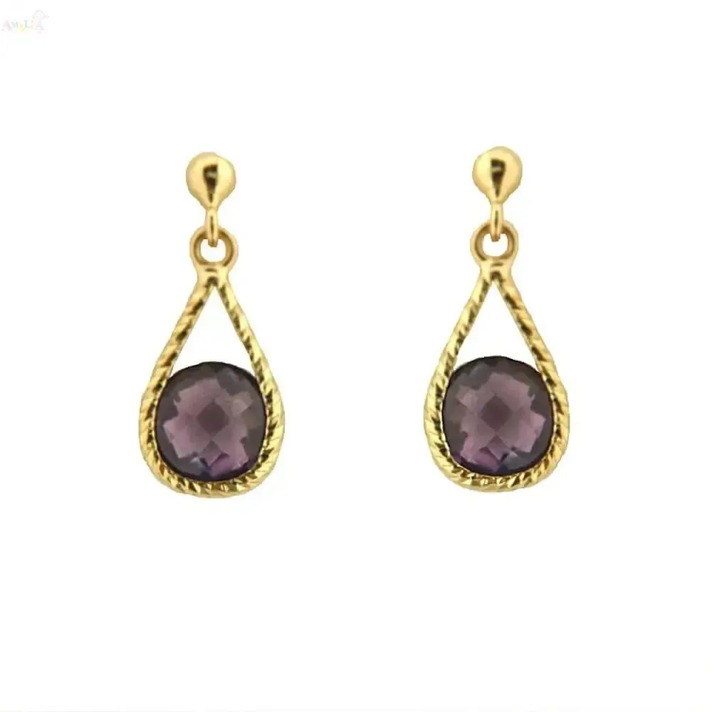 18K Yellow Gold Round Amethyst Drop Dangle Post Earrings