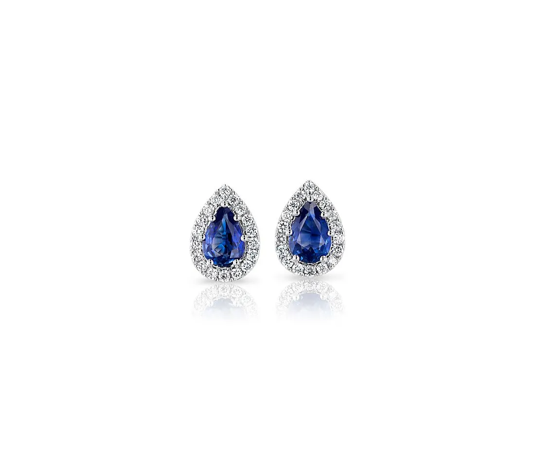 18kt White Gold Pear Sapphire Earrings with Diamond Halo
