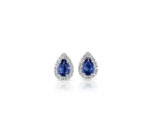 18kt White Gold Pear Sapphire Earrings with Diamond Halo