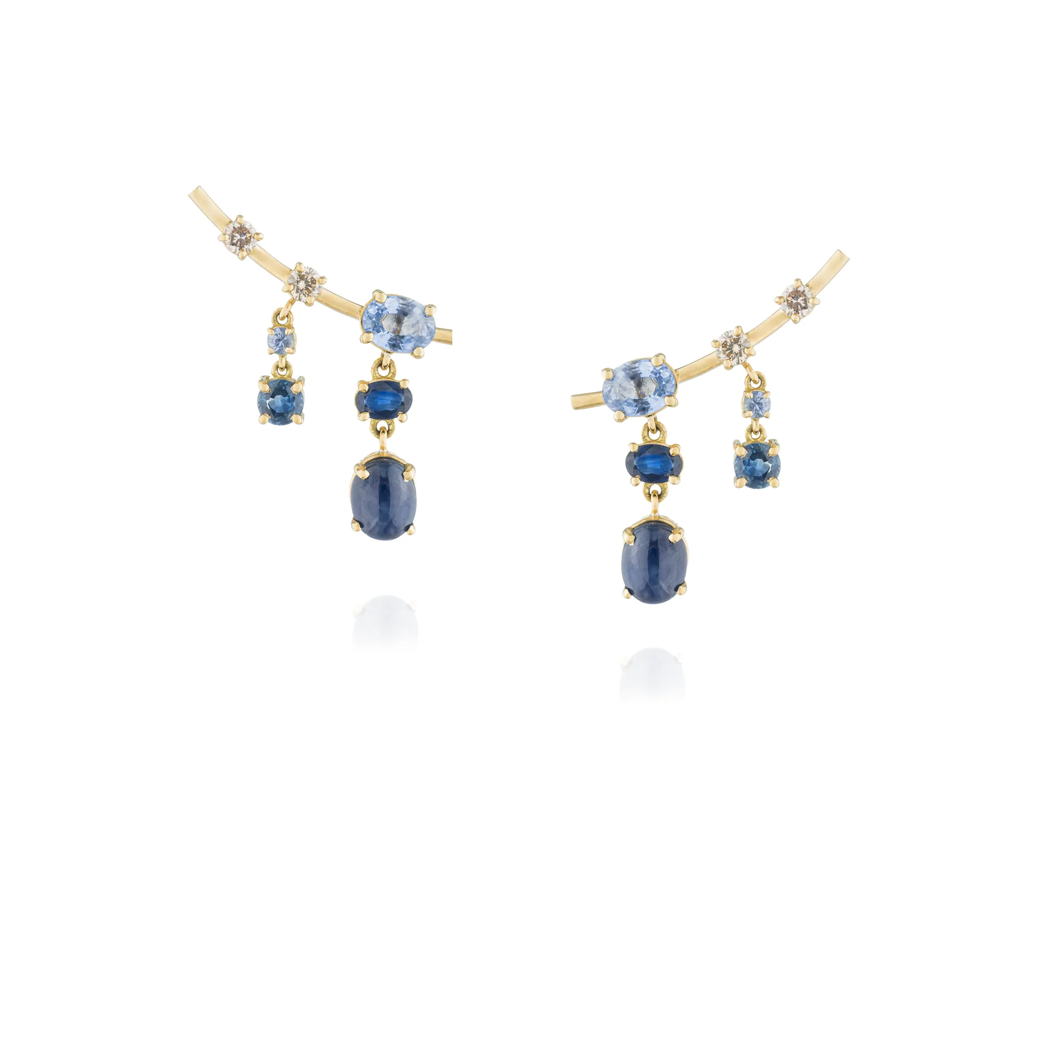 18KT Yellow Gold Waterfall Earrings with Ceylon Sapphire, Cognac Diamonds & Blue Sapphires