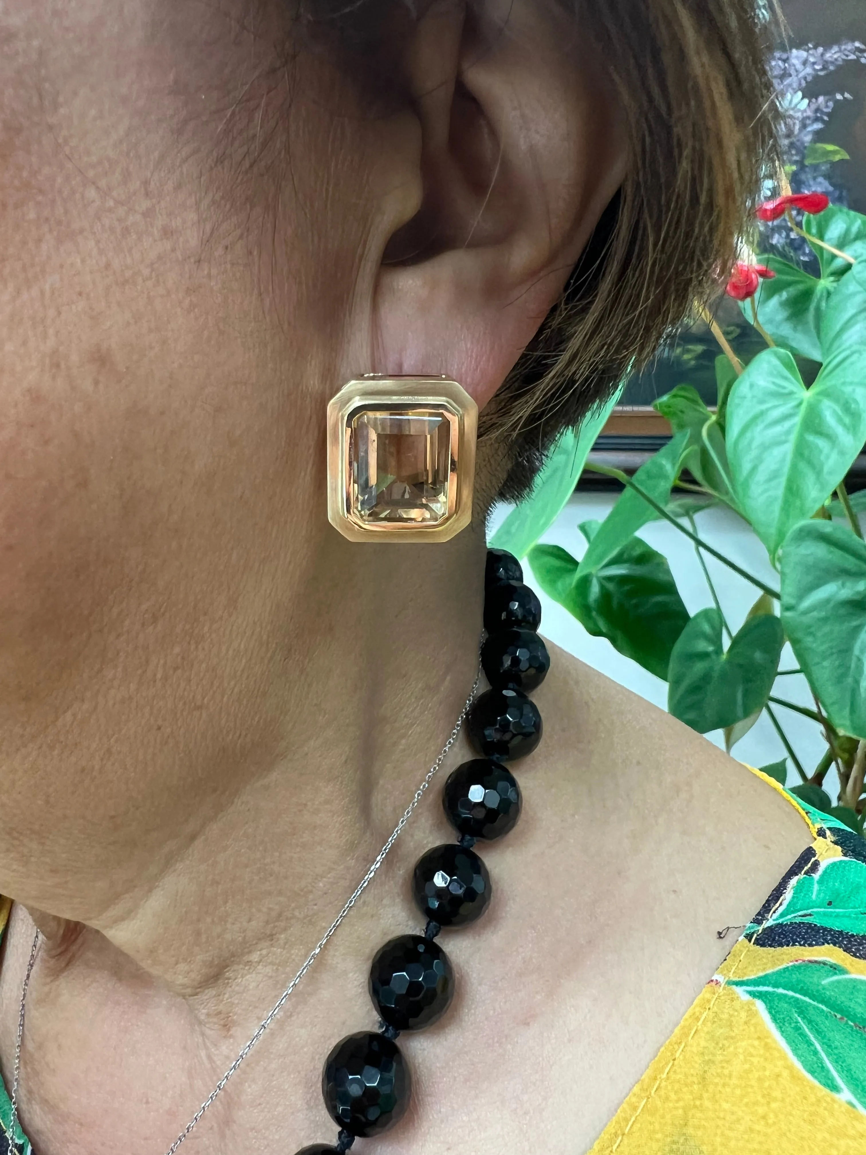 1970s Emerald Cut Citrine 14k Yellow Gold Clip And Post Earrings
