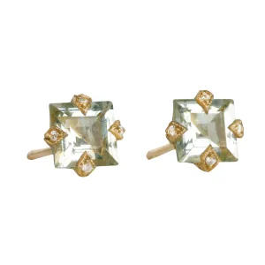 22K Gold Prong-Set Square Green Amethyst "Thorn" Post Earrings