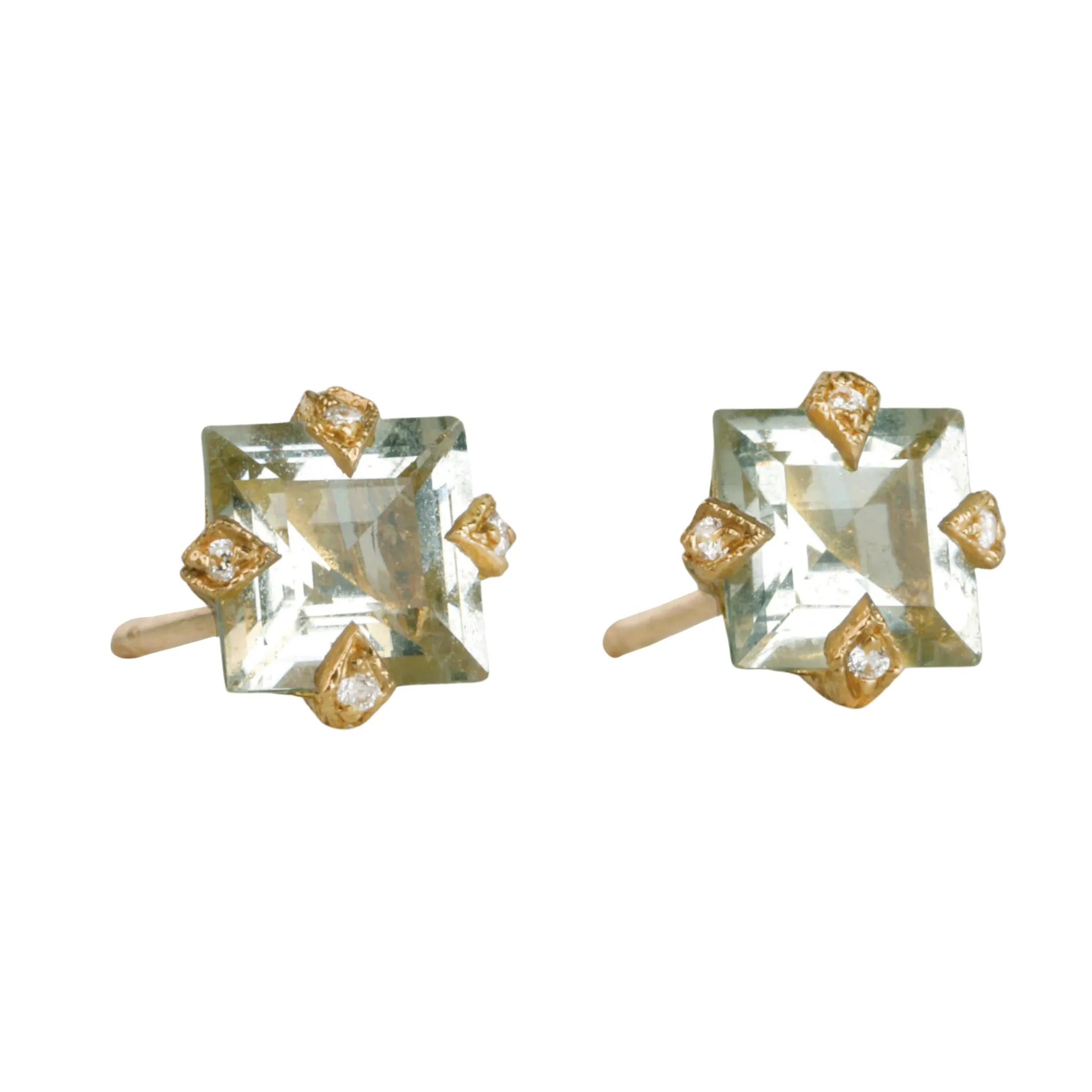 22K Gold Prong-Set Square Green Amethyst "Thorn" Post Earrings