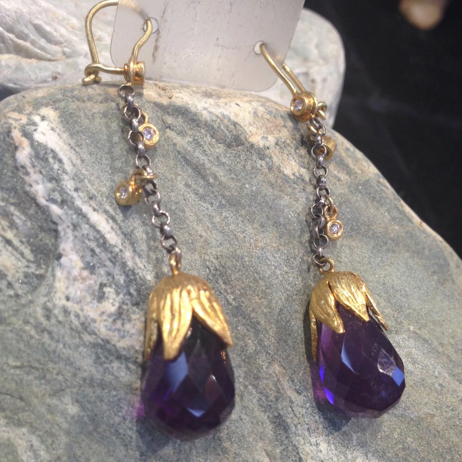 24K Gold with Amethyst Brioles Earrings with Diamonds
