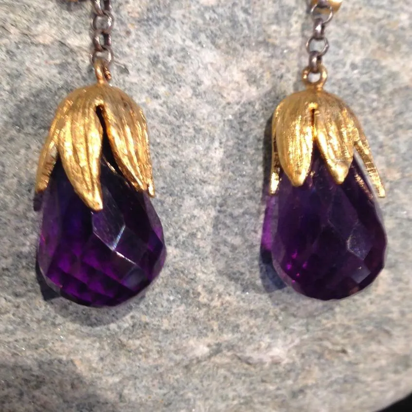 24K Gold with Amethyst Brioles Earrings with Diamonds