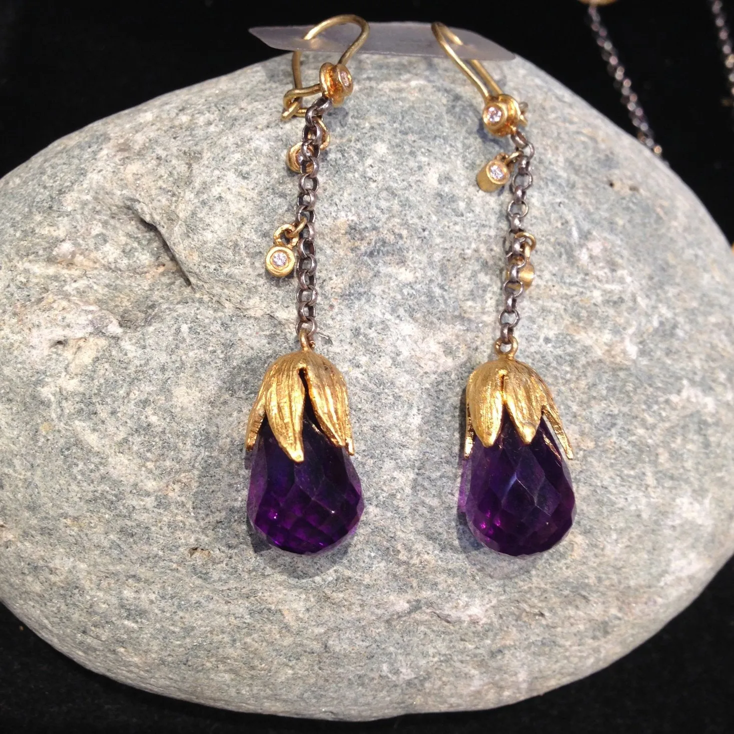 24K Gold with Amethyst Brioles Earrings with Diamonds