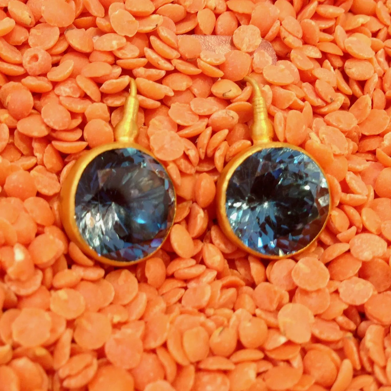 24K Round Blue Topaz Gem Candy Earrings Large