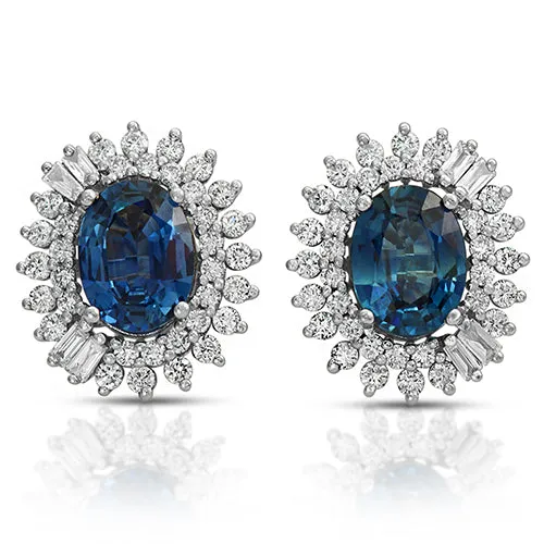 2.69ct Oval Sapphire on a Halo Design with 1.66ct Round cut Diamond in 14k White Gold Stud Earrings