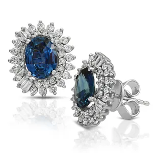 2.69ct Oval Sapphire on a Halo Design with 1.66ct Round cut Diamond in 14k White Gold Stud Earrings