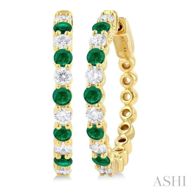2.7 MM Round Cut Emerald and 7/8 ctw Round Cut Diamond Precious Hoop Earring in 14K Yellow Gold