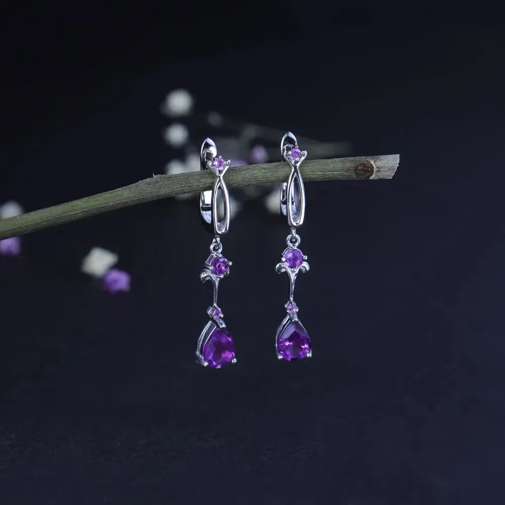 2.87Ct Natural Purple Amethyst Drop Earrings – 925 Sterling Silver Flower Vintage