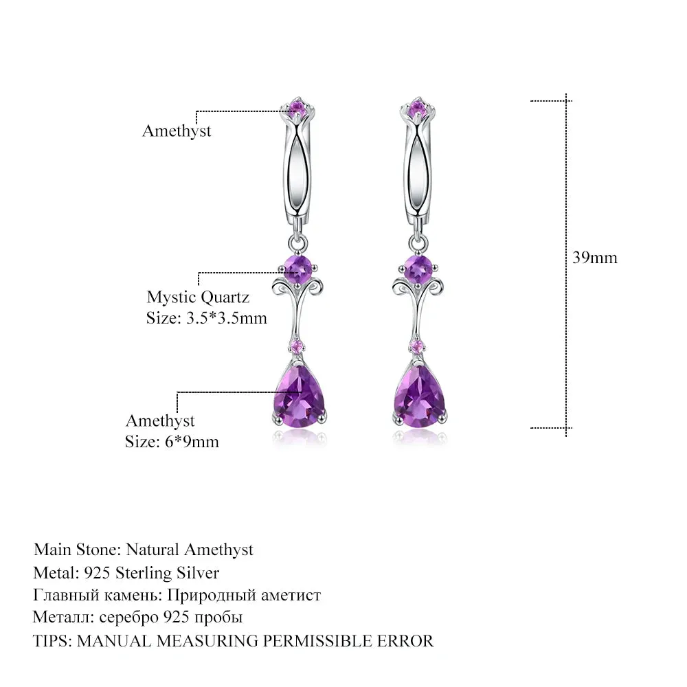 2.87Ct Natural Purple Amethyst Drop Earrings – 925 Sterling Silver Flower Vintage