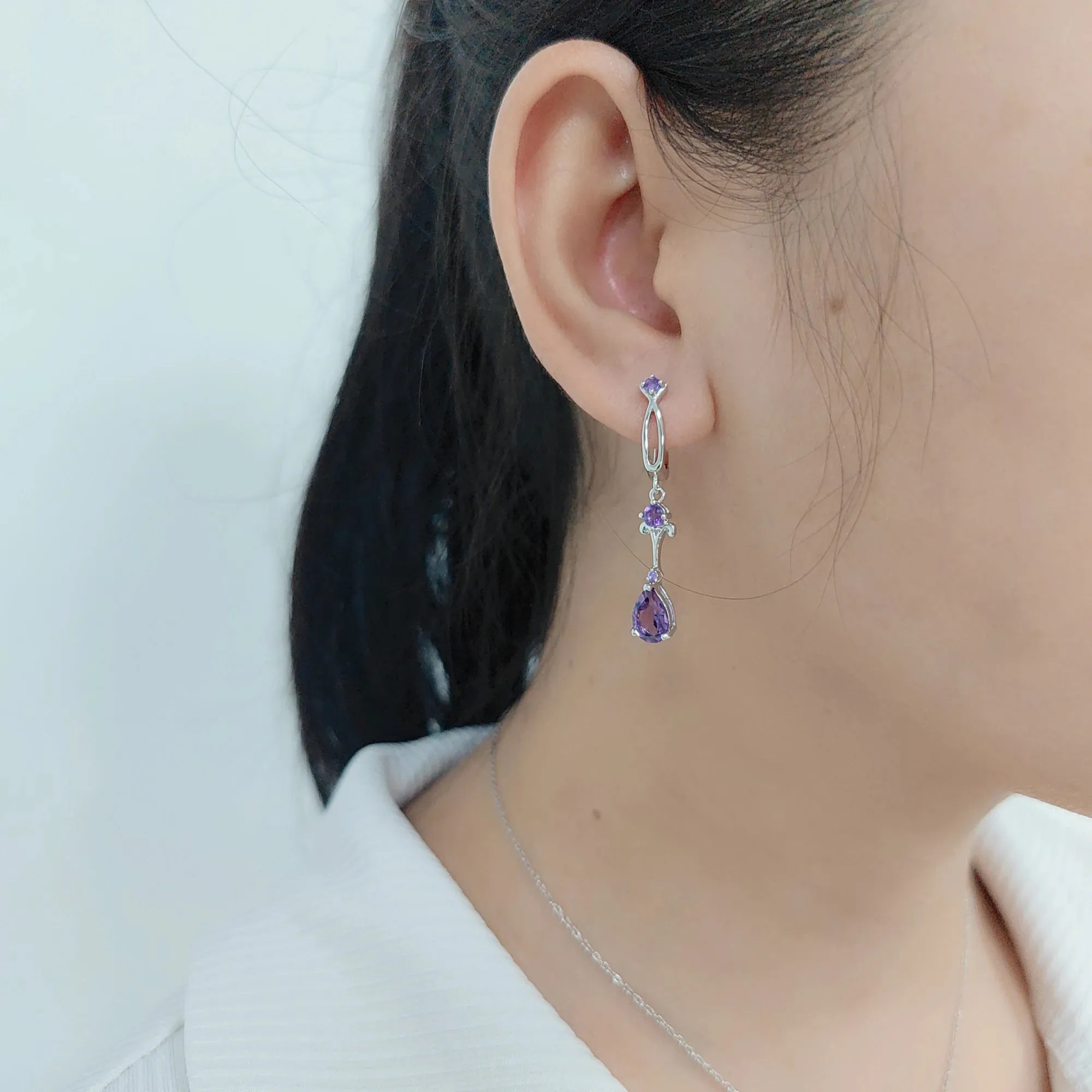 2.87Ct Natural Purple Amethyst Drop Earrings – 925 Sterling Silver Flower Vintage